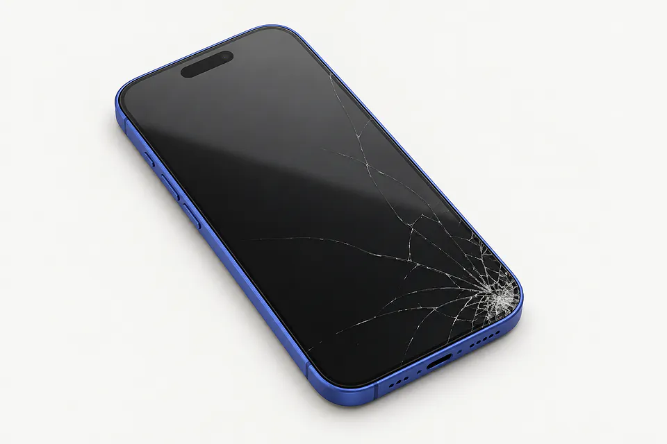 iPhone 16 in blue, front view with screen cracks radiating from the lower right corner