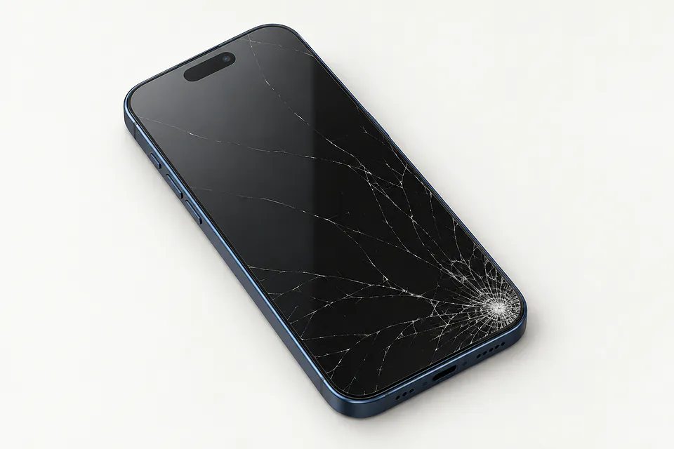 iPhone 17 Pro Max in dark blue, front view with screen cracks radiating from the lower right corner