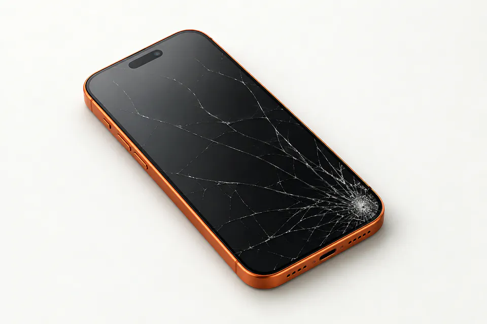 iPhone 17 Pro in orange, front view with glass cracked across the screen from the lower right corner