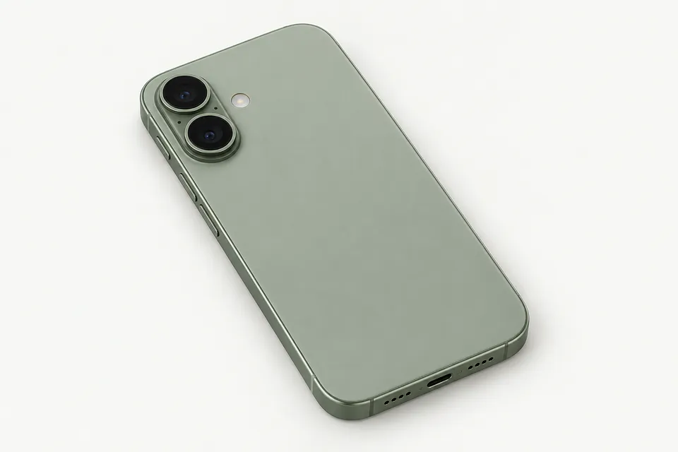 iPhone 17 in pale green, back view with two cameras