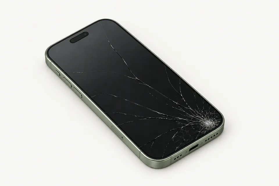 iPhone 17 in light green, front view with glass cracked across the screen from the lower right corner
