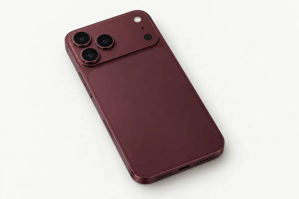 iPhone 18 Pro Max in burgundy, back view with three cameras