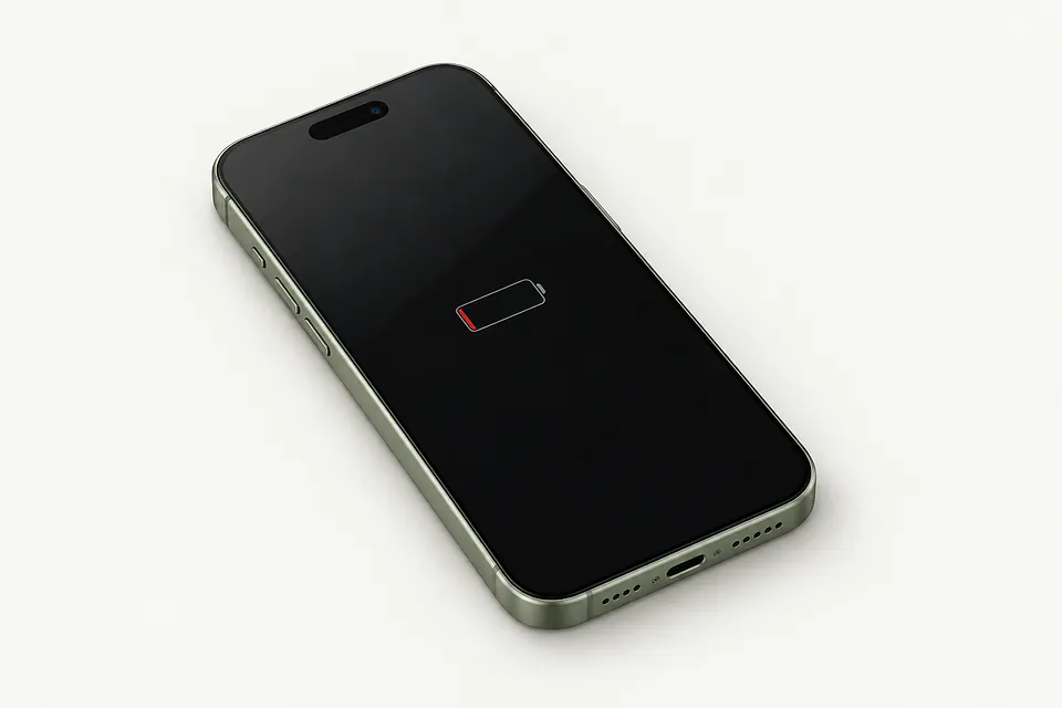iPhone 17 in pale green, front view with an almost-empty battery icon on the screen