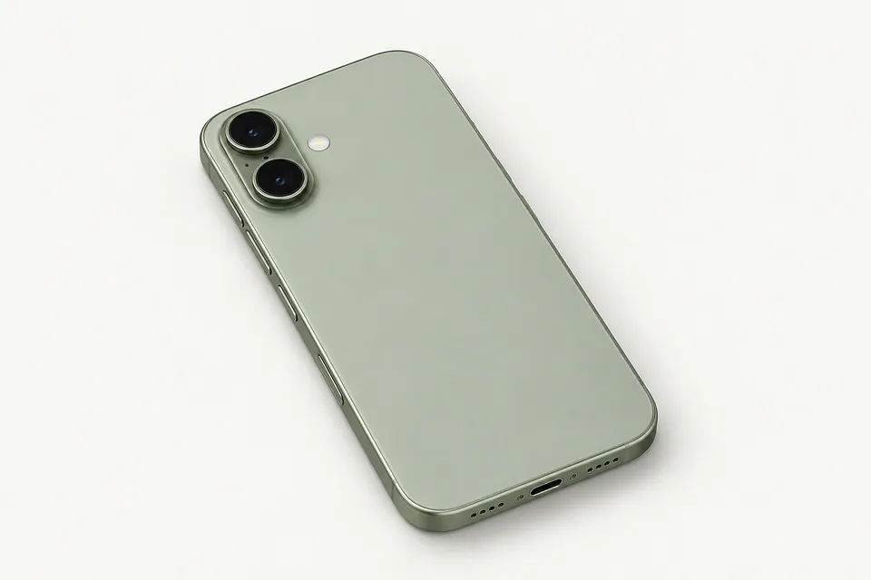 iPhone 17 in pale green, back view with two cameras