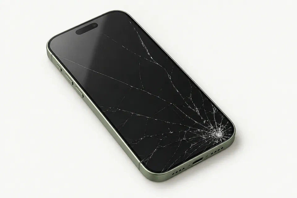 iPhone 17 in green, front view with glass cracked from the lower right corner across the dark screen