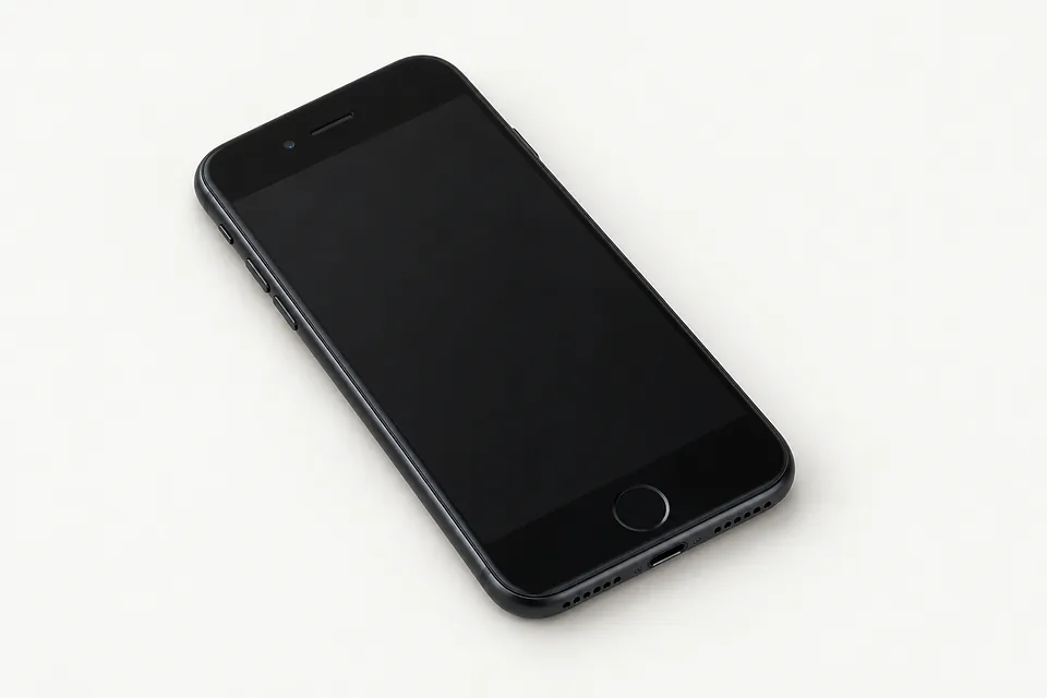 iPhone SE in black, front view with the screen off and a round home button