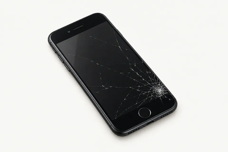 iPhone SE in black, front view with cracked screen glass and an intact home button