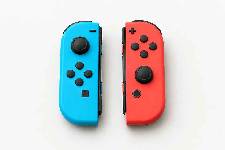 Nintendo Joy-Con pair in blue and red, lying face up side by side with black sticks and buttons