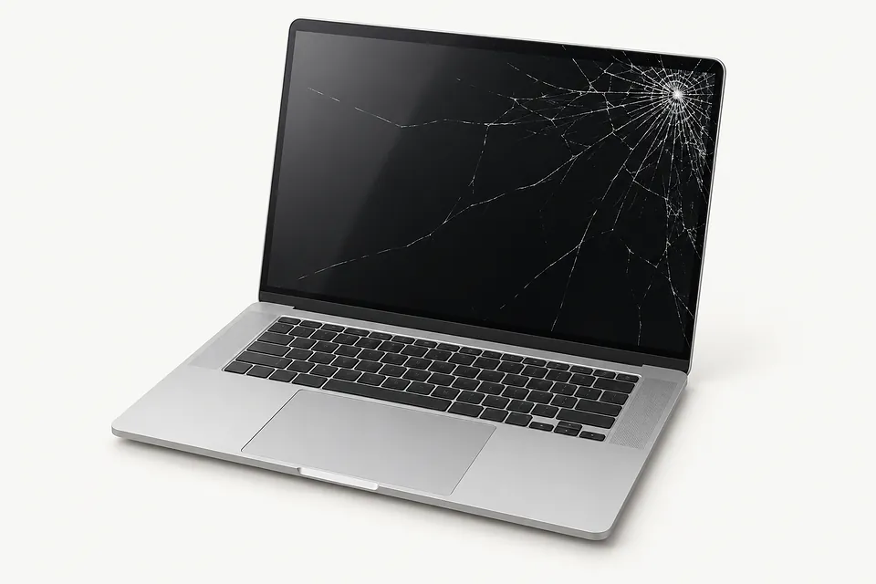 Laptop in silver, open with a black keyboard and screen cracks spreading from the upper right corner
