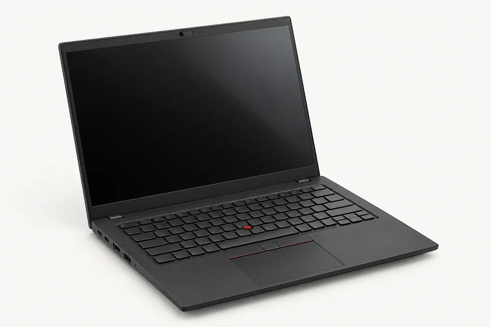 Lenovo ThinkPad in black, open with the screen off and keyboard visible