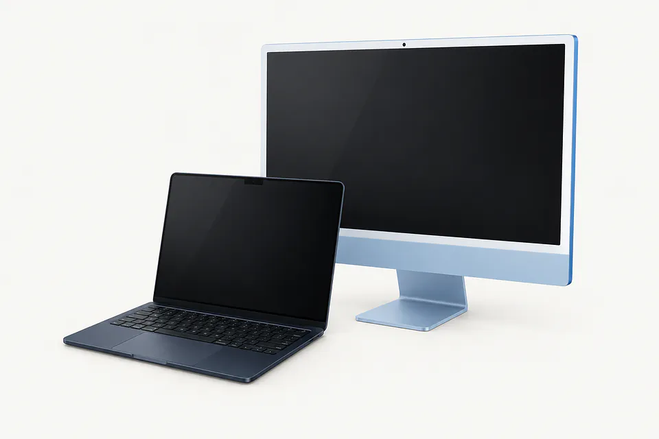 iMac in light blue with an open dark MacBook Air in front to the left, both screens off