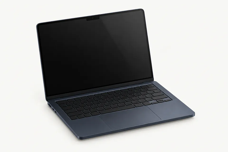 MacBook Air in dark blue, open front view with a black screen and keyboard