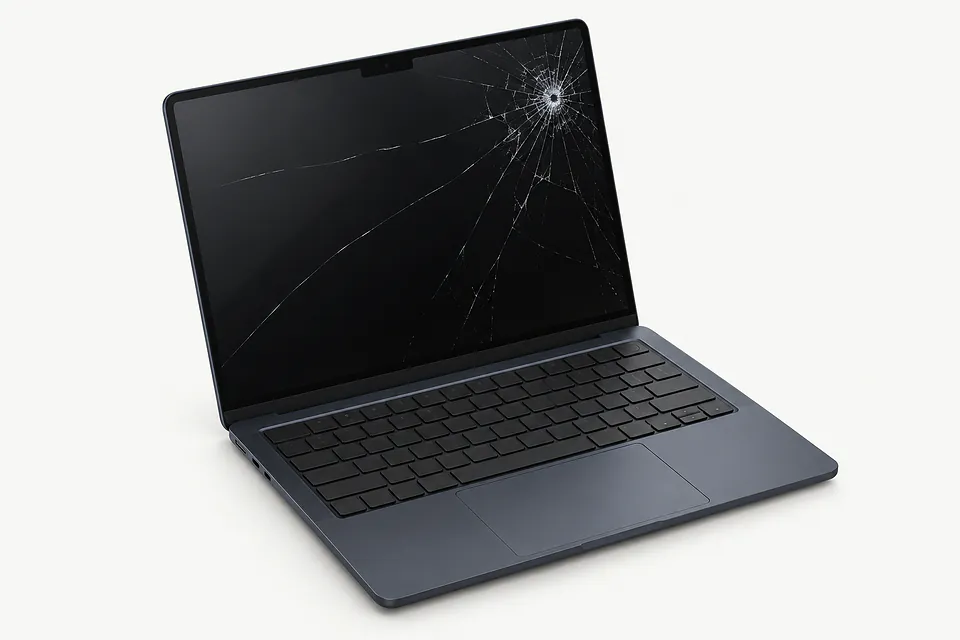 MacBook Air in dark gray, open with keyboard visible and display cracked from the upper right corner