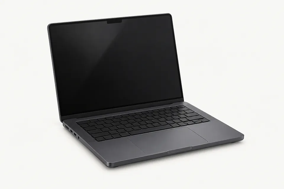 MacBook Pro in dark gray, open front view with a black screen and keyboard
