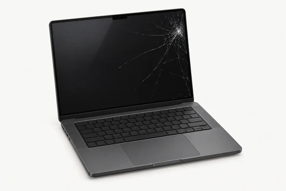 MacBook Pro in dark gray, open front view with display cracks radiating from the upper right corner