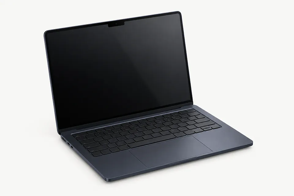 MacBook Air in dark gray, open with a dark screen, keyboard and trackpad visible