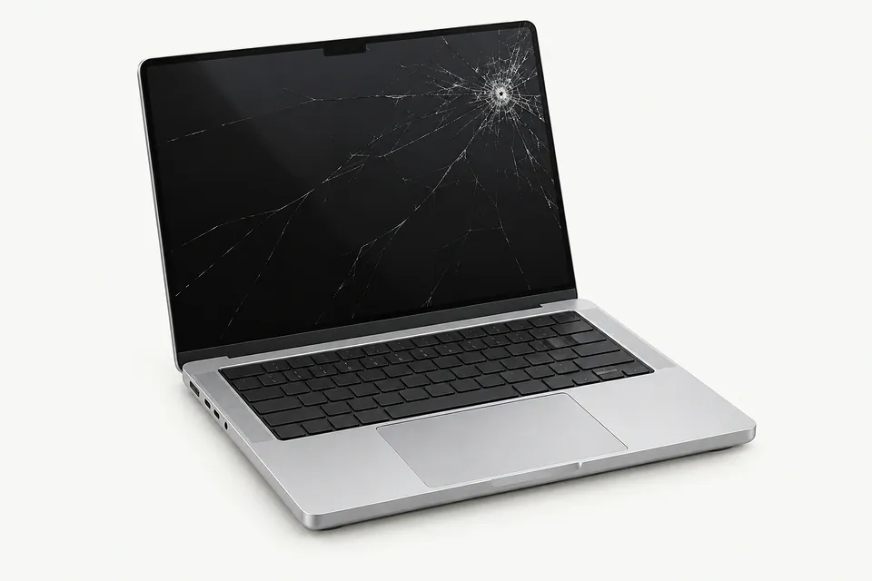 MacBook Pro in silver, open with display cracks radiating from an impact point near the upper right