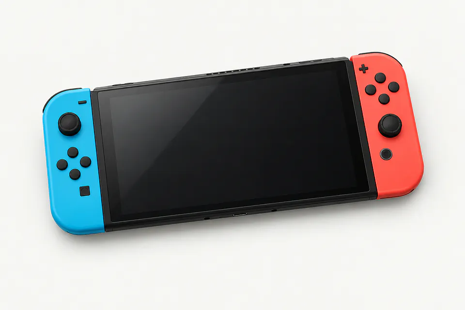 Nintendo Switch OLED, front view with a dark screen and blue and red Joy-Con controllers attached