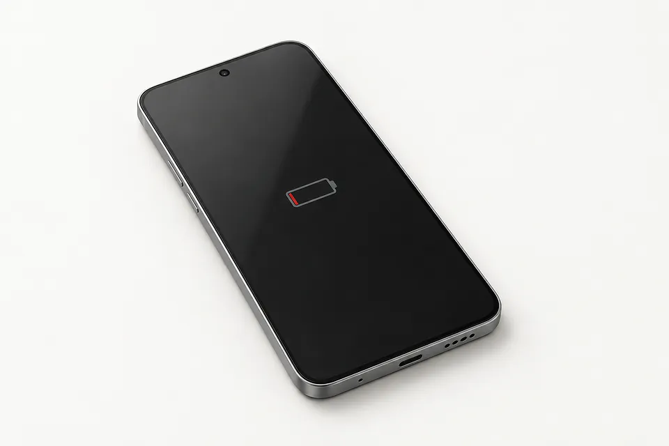 Smartphone with a silver frame, front view showing an almost empty battery icon on a black screen