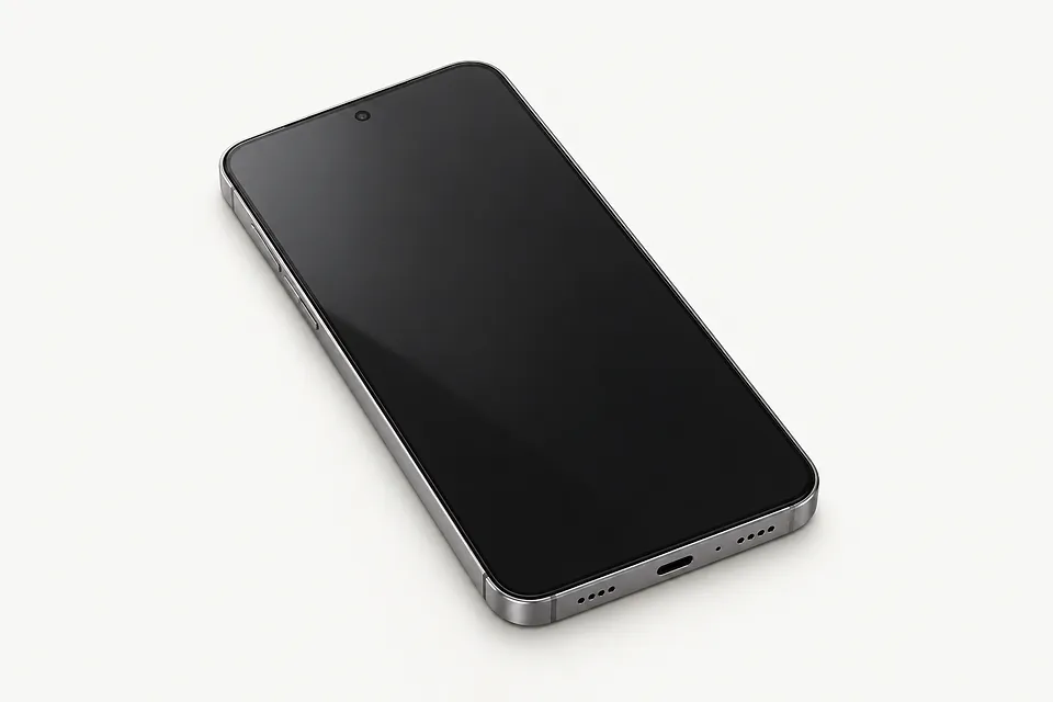 Smartphone with a silver frame, front view with the screen off