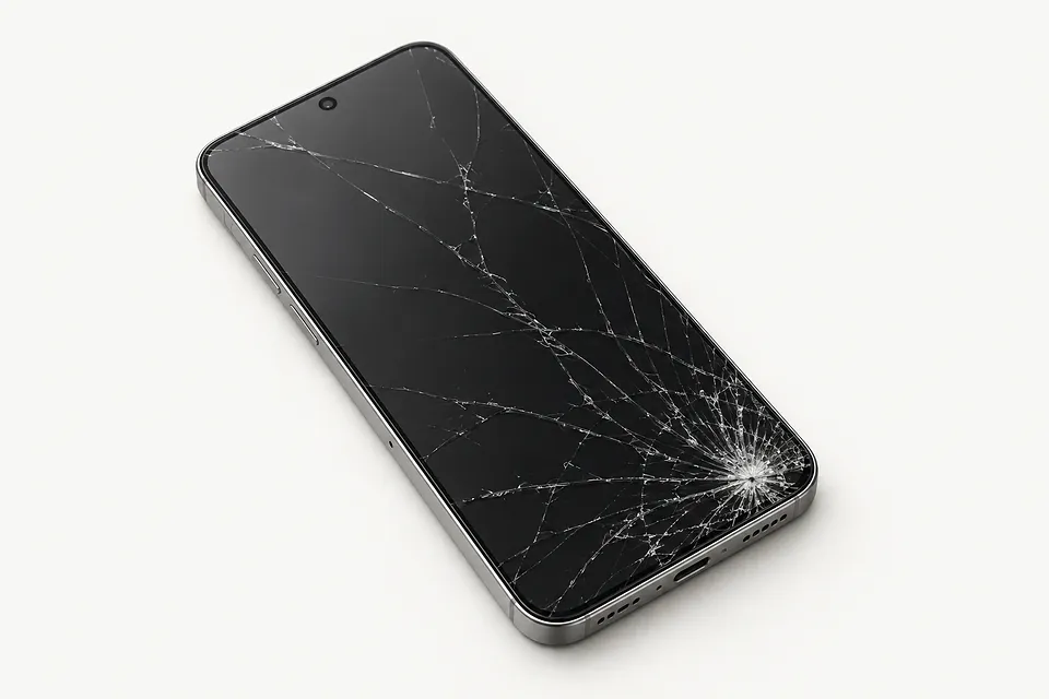 Smartphone with a silver frame, front view with cracks spreading from the lower right corner across the screen