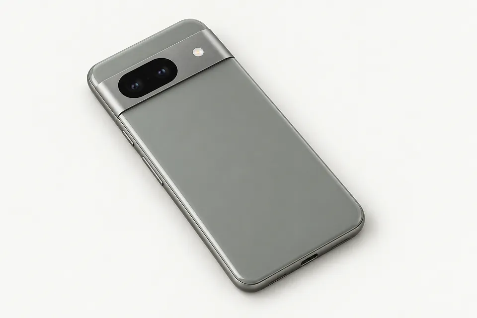Google Pixel 8 in gray-green, back view with two cameras in a silver camera bar