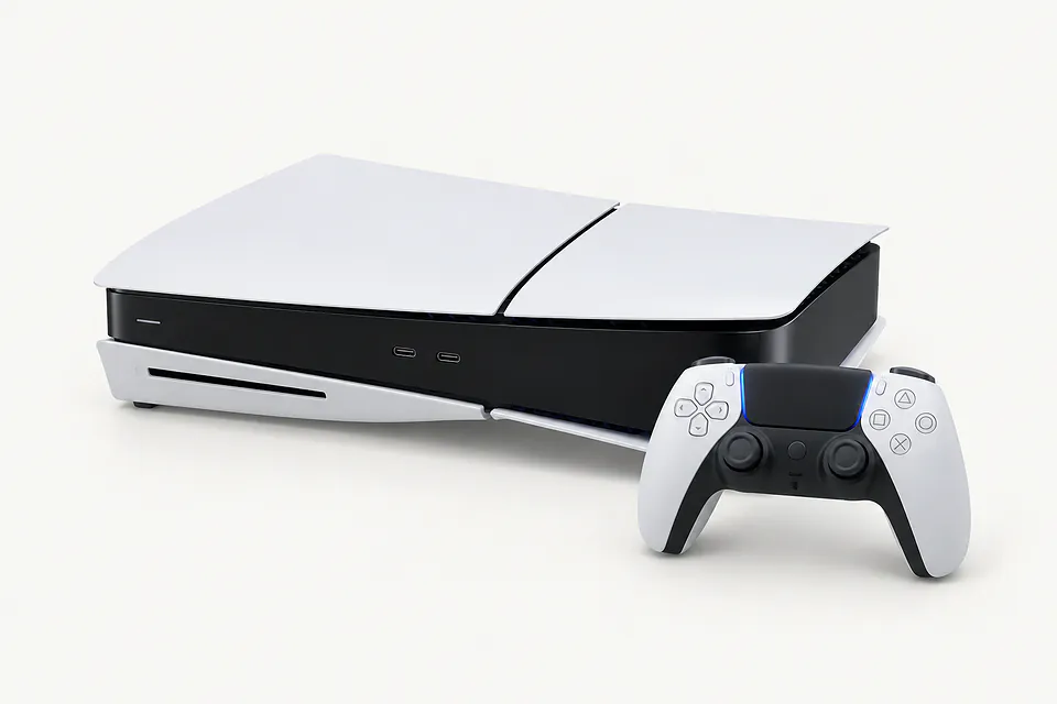 PlayStation 5 in white and black, front and top view with a matching DualSense controller in front