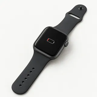 Apple Watch in dark gray with a black band, face up with an almost empty battery icon on the screen