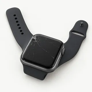 Apple Watch in dark gray with a black band, face up with cracks radiating from one corner across the dark display