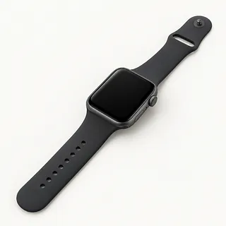 Apple Watch in dark gray with a black band opened out, face up with a completely dark screen