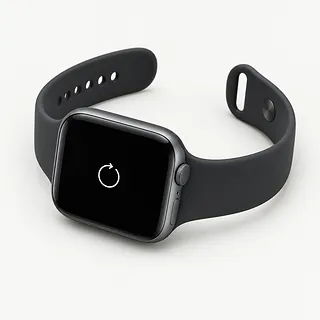 Apple Watch in dark gray with an open black band, face up with a white circular arrow on its black screen