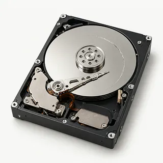 Hard disk drive viewed from above with cover removed, a circular scratch on the silver platter and an arm across it