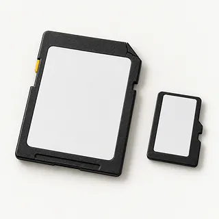 SD card and microSD card in black with blank white labels, viewed from above, with a cracked corner on the SD card