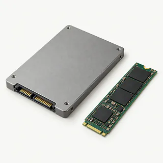Solid-state drive in a gray metal case beside a green M.2 solid-state drive with black chips, viewed from above