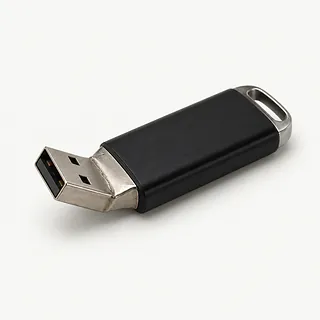 USB flash drive with a black and metal body, viewed from above with its metal connector bent upward