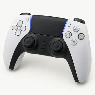 PS5 DualSense controller in white and black, front view with a sunken circle button and grime around it