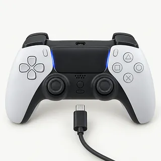 PS5 DualSense controller in white and black, face up with gray lint in its charging port and an unplugged cable