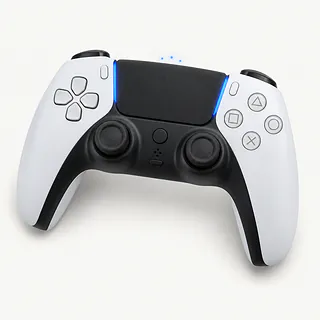 PS5 DualSense controller in white and black, face up with blue strips beside the touchpad and three blue dots above