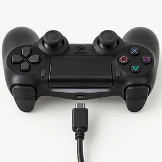 PS4 DualShock 4 controller in black, face up with gray lint in its charging port and an unplugged cable