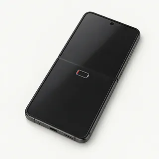 Samsung Galaxy Z Flip8 in dark gray, opened flat with a nearly empty red battery icon on the black inner screen