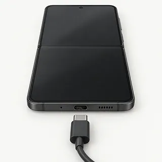 Samsung Galaxy Z Flip8 in dark gray, bottom edge with lint in the USB-C port and an unplugged cable in front
