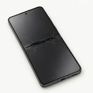 Samsung Galaxy Z Flip8 in dark gray, opened flat with cracks and a dark blotch along the inner screen fold