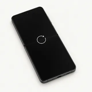 Samsung Galaxy Z Flip8 opened flat, with a white restart arrow on its black inner screen