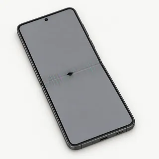 Samsung Galaxy Z Flip8 in dark gray, opened flat with colored lines and a dark blotch along the inner screen fold