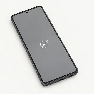 Samsung Galaxy Z Flip8 opened flat, with a white crossed-out tap symbol on the gray inner screen