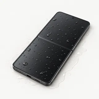 Samsung Galaxy Z Flip8 in dark gray, opened flat with water droplets on the black inner screen and water around it