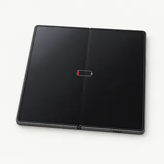 Samsung Galaxy Z Fold8 Ultra in gray, opened flat with a nearly empty battery icon on the dark inner screen