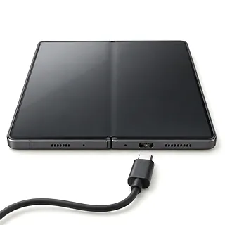 Samsung Galaxy Z Fold8 Ultra in gray, bottom view with lint in the USB-C port and an unplugged cable beside it