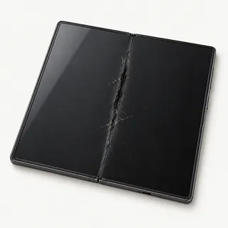 Samsung Galaxy Z Fold8 Ultra in gray, opened flat with cracks and a dark blotch along the inner screen fold