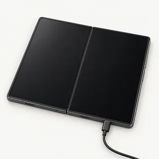Samsung Galaxy Z Fold8 Ultra in dark gray, opened flat with a black inner screen and charging cable plugged in